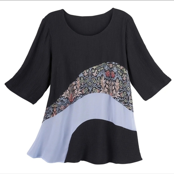Lindi Tops - Lindi Gauze Black Cotton Floral Swirl 3/4 Sleeves Tunic Women's Blouse Size 2X